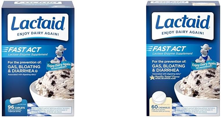 Lactaid Fast Act Laktaasi-intoleranssi Relief Caplets with Lactase Enzyme, 96 Count & Fast Act Laktaasi-intoleranssi Pureskelee laktaasi-entsyymeillä, vaniljalla, 60 Count (Pack of 1)