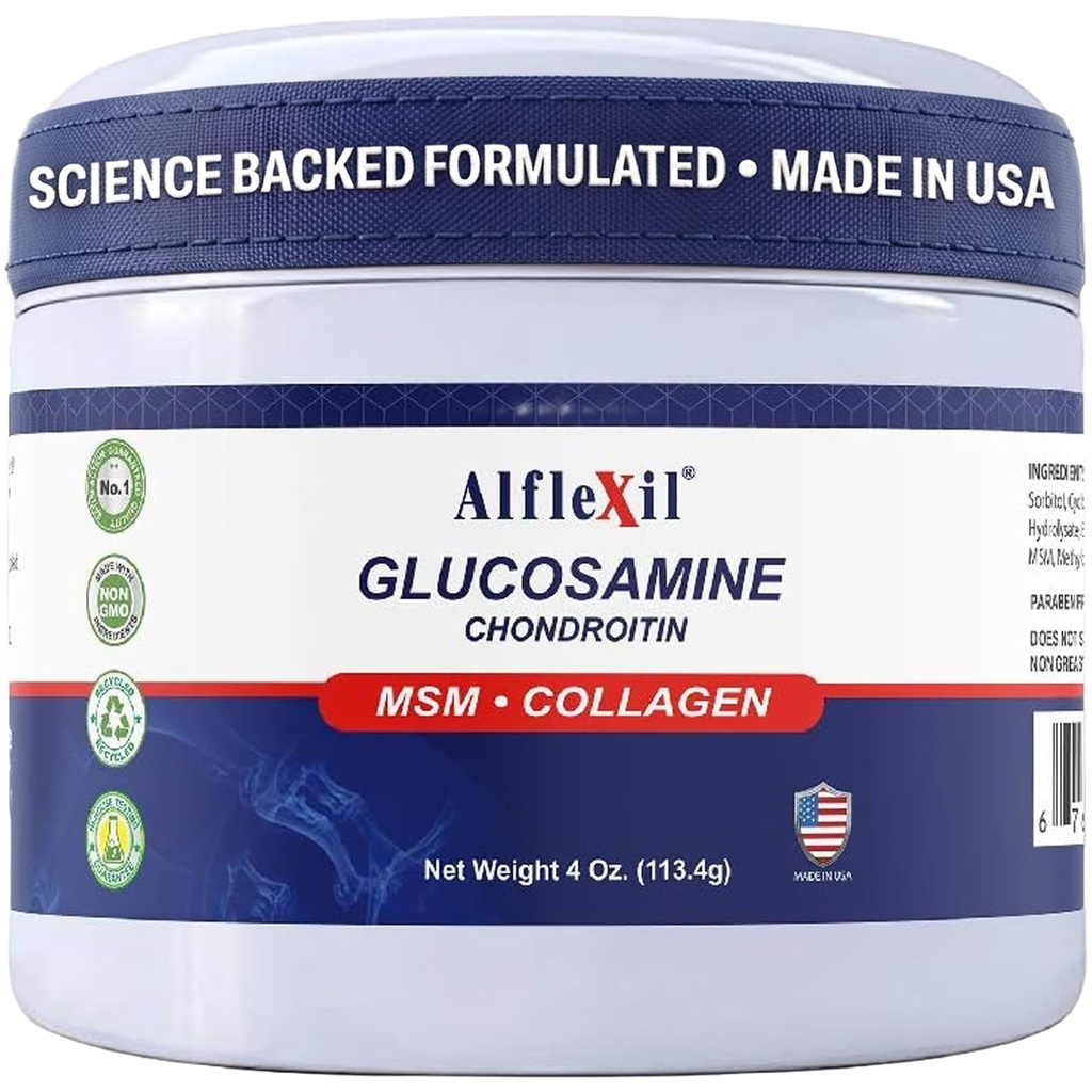 ALFA VITAMINS Alflexil Glukosamiini Plus Chondroitin Cream MSM & Collagen, tukee terveitä niveliä, nivelten ja lihasten kipu helpotus, parantaa liikkuvuutta, nopea imeytyminen, ja kosteuttaa ihoa, 4 Oz.