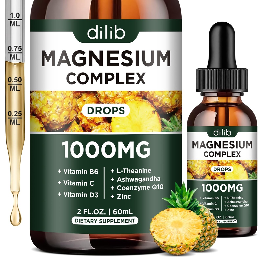 Triple Magnesium Complex Supplement, Magnesium Glycinate, Blend, Citrate Liquid Drops 1000 mg Ashwagandha, CoQ10, B6-vitamiini, C, D, Sinkki - Vegaani Ananas Flavor