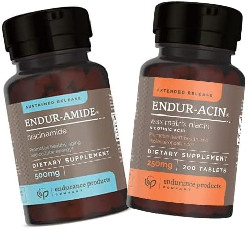 Endurance Products EPC Company NAD+ Niacinamide B3, Endur- Amide 500 mg 200 tablettia ja ENDUR- ACIN 250 mg Niacin - Laajennettu Imeytyminen & Low- Flush- vitamiini B-3, 200 tablettia