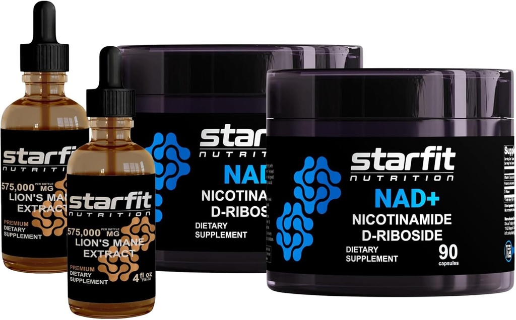 STARFIT - Nikotinamid D-Riboside, 180 kapslar & Lion Mane 575,000 Mg Extract, 8 Fl Oz