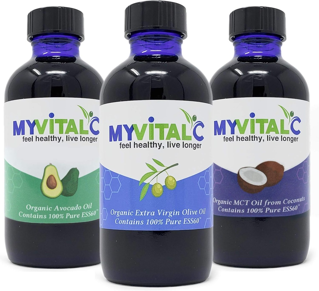 MyVitalC Combo of Organic Extra Neitsyt Olive Oil, MCT & Avokado Oil - ESS60 Antioksidantti täydentää - Anti-aging, pitkäikäisyys, uni, energia - pakkaus 3