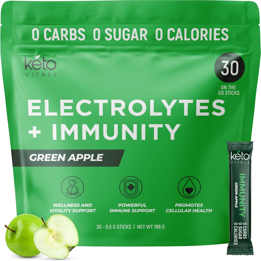 Keto Vitals Immuniteetti Sokerittomat Elektrolyytit Powder C-vitamiini, inkivääri, kurkuma, & Elderberry - Boost Immuunijärjestelmän ja hydraatti kehon - Green Apple Flavor, 30 kreivi