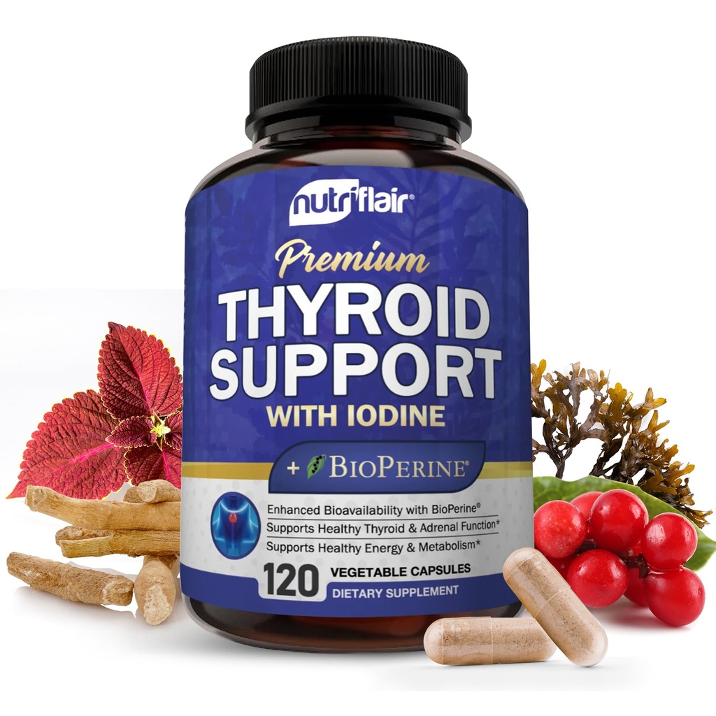 NutriFlair Thyroid Support Complex, 120 kapslar - med jod, svartpeppar, Ashwagandha, vitamin B12 - Thyroid Supplement för kvinnor och män