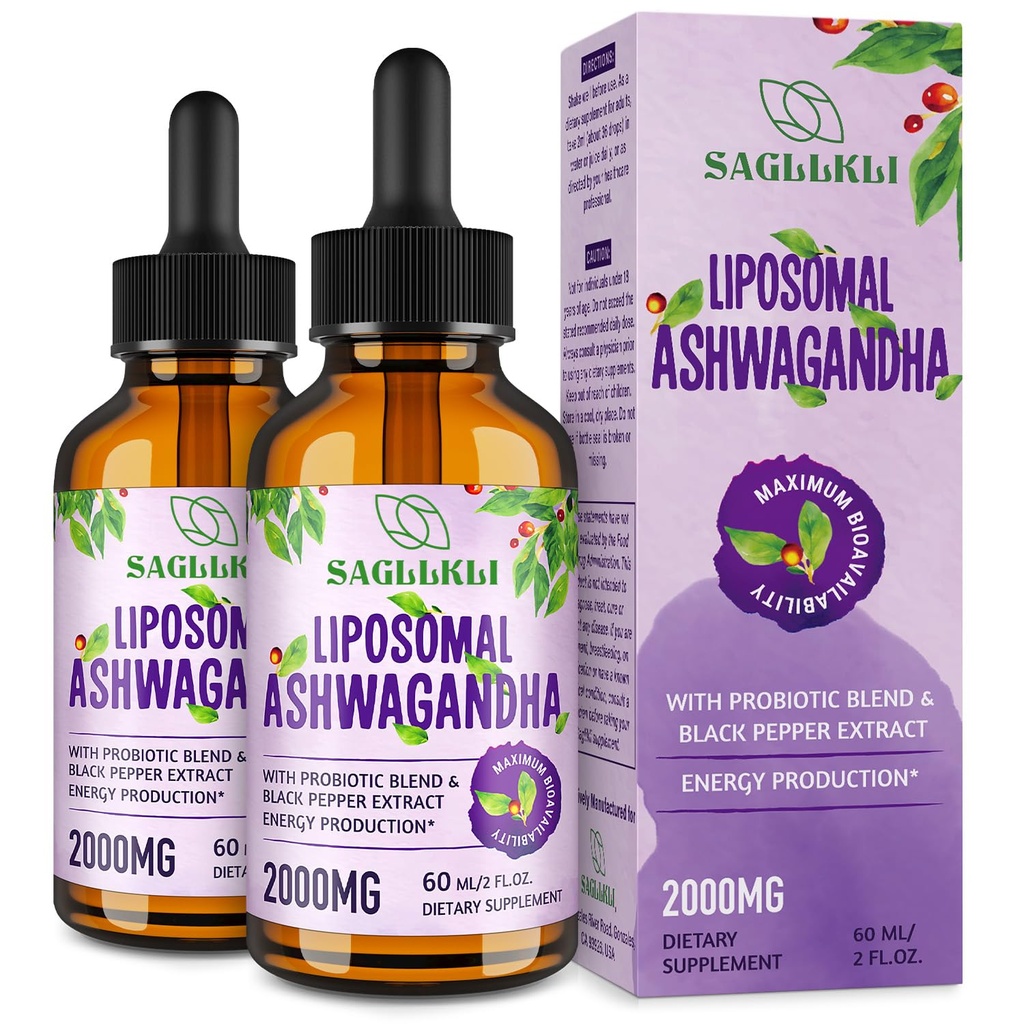 Liposomal Ashwagandha Liquid Drops 2000mg, Ashwagandha Root Extract Supplement (7% Withanolides) med Black Pepper Extract & Probiotics for Focus, Cognition & Energy - 4 FL.OZ (2 flaska)