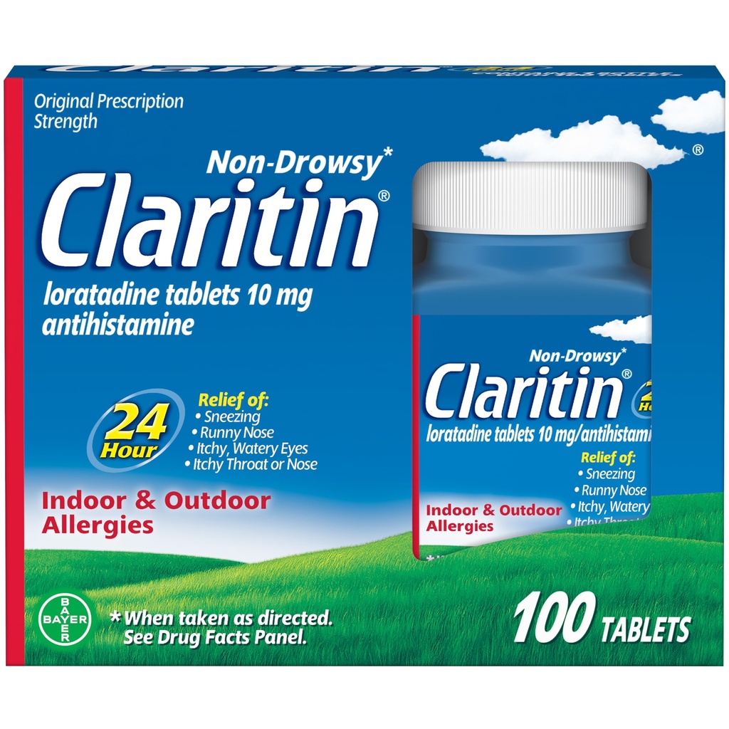 Claritin Allergialääke aikuisille, 24 tunnin Loratadine 10 mg pillerit, antihistamiini, 100 tablettia