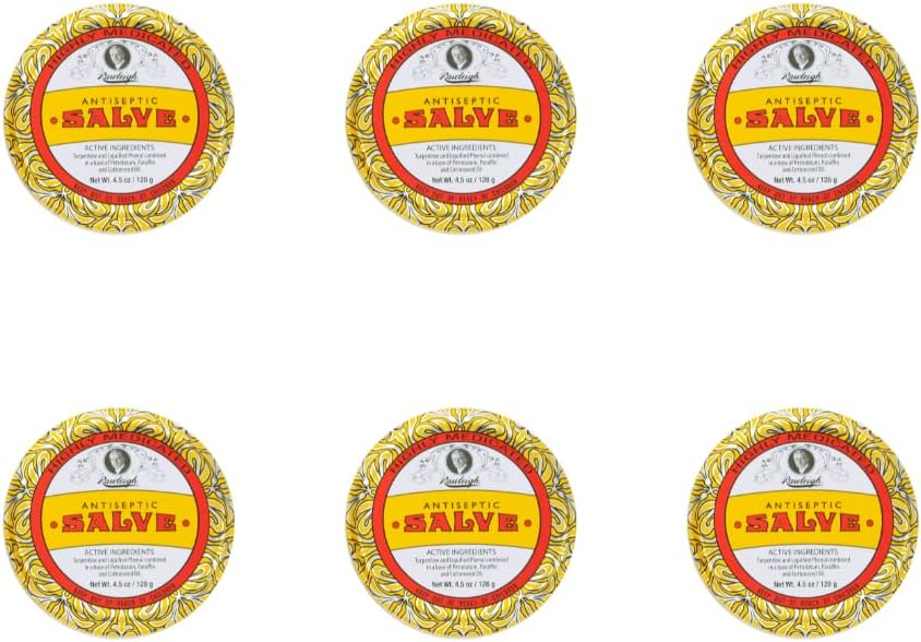 Rawleigh Antiseptinen Salve Iconic Yellow Big Tin: 4,5 oz, Multi-Purpose Oil Soothes Leikkaukset, mustelmat, Ärsytys, Tärpätti, Fenoli, Puuvillansiemenöljy & Parafiini, Alkuperäinen Formula - pakkaus 6