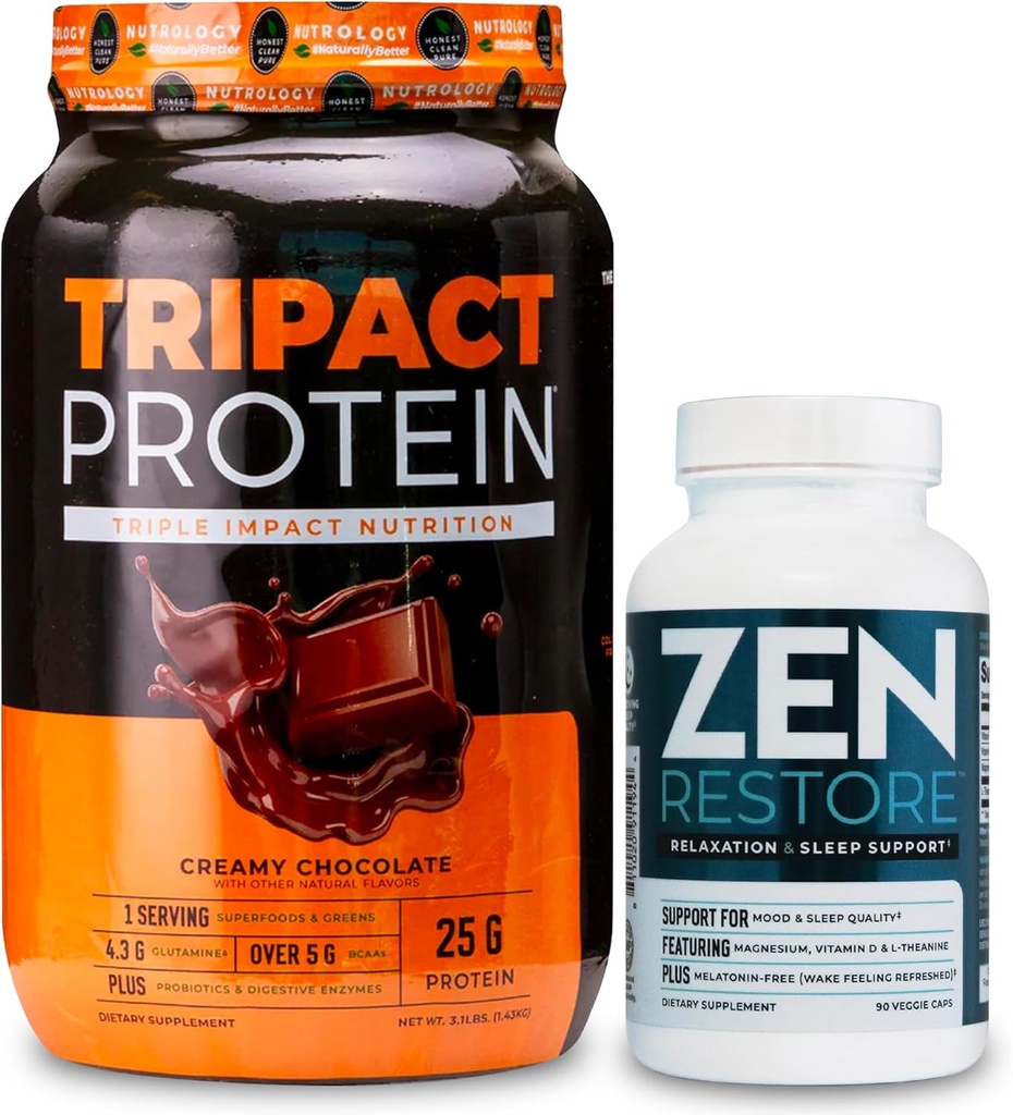 Nutrology TRIPACT Protein Powder, 7-in-1 Ateriankorvike Shake, kermainen suklaa (40 tarjoilua) Zen Natural Magnesium Supplement (30 tarjoilua)