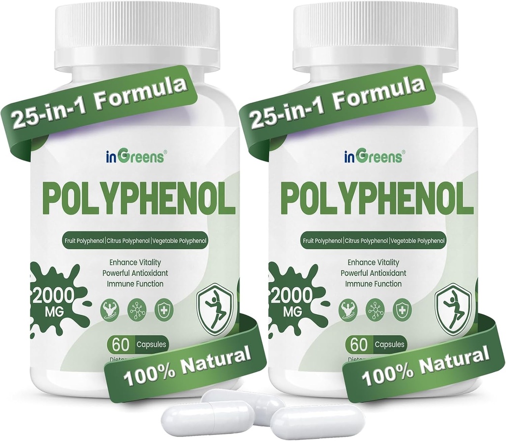 25-in-1 polyfenolit Supplement, 2000MG Tehokkaat antioksidantit ja polyfenoli ikäpuolustukseen, polyfenoli Superfood, Quercetin, Resveratrol, Plant-Baseed & Energy, Immunosupport, 120 kapselia