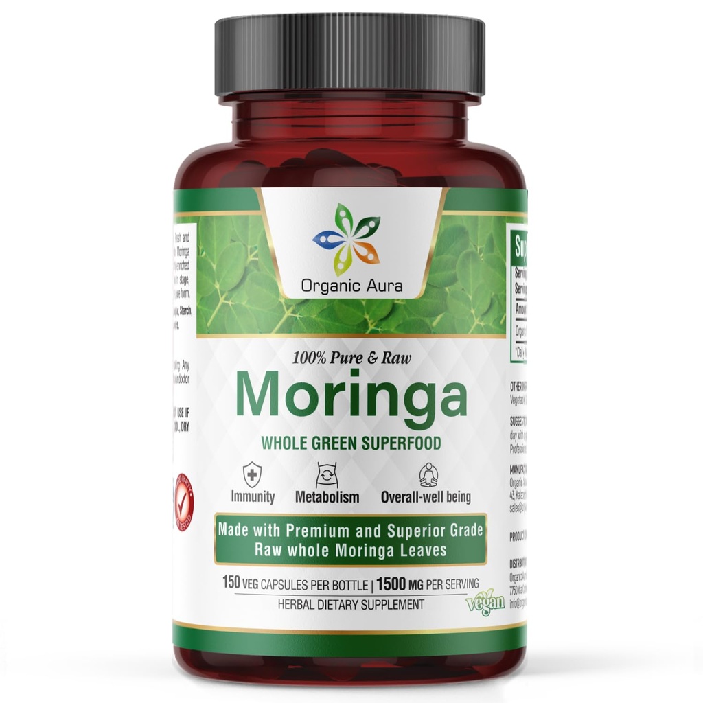 Luomu Aura Moringa Leaf Capsules ... 1500mg - 150 HPMC Veg ... Koko lehdet Green Super Food Nutrition...