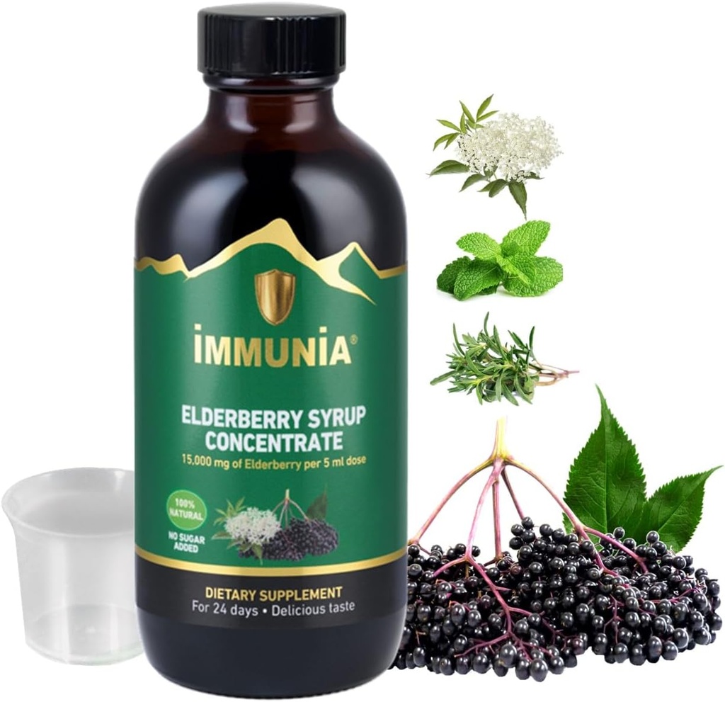 Immunia Elderberry Syrup auttaa vahvistamaan immuunijärjestelmää. Elderberry Concentrame with Elderflower, Timjami ja Piparminttu. Ei sokeria lisätty. Herkullinen maku. 24 päivää / pullo. (1-pakkaus)