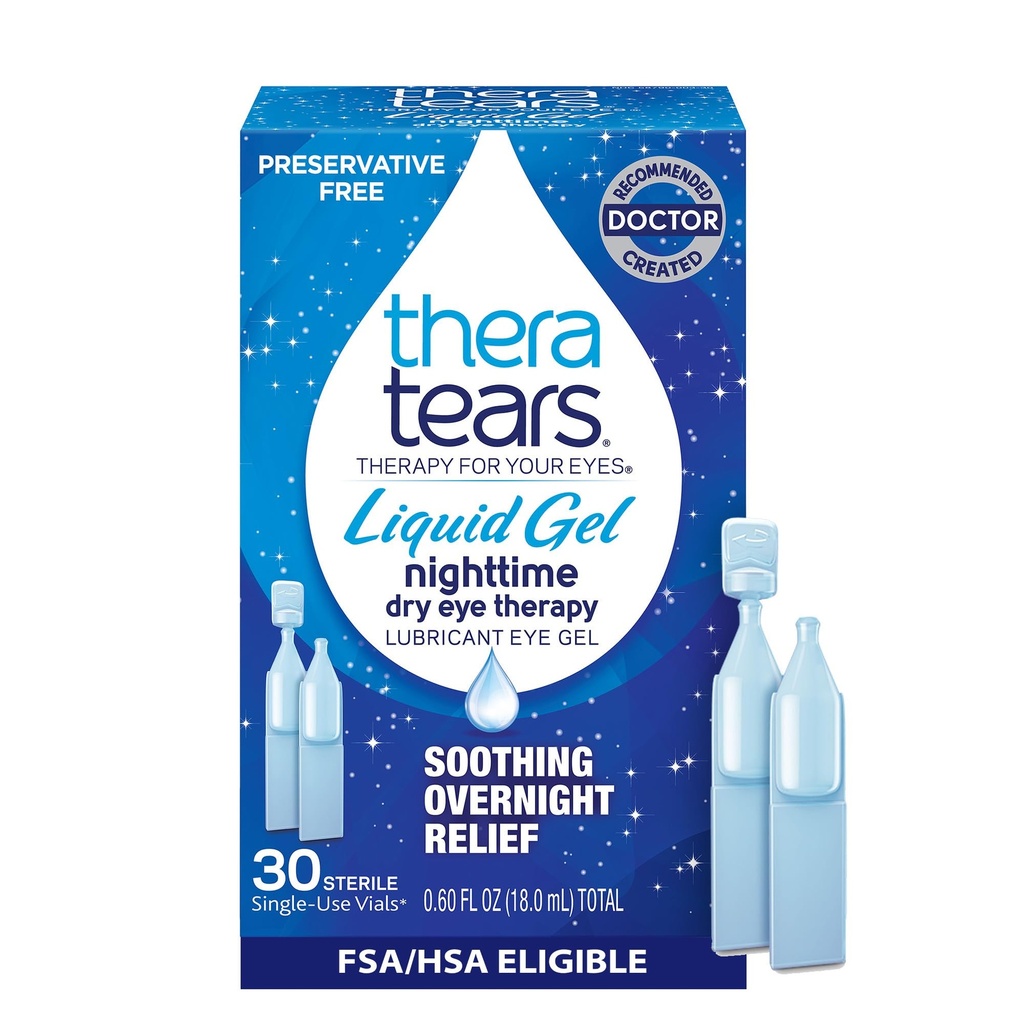 TheraTears Liquid Gel Nighttime Voitelu silmätippoja kuiville silmille, kertakäyttöisiä injektiopulloja, 30