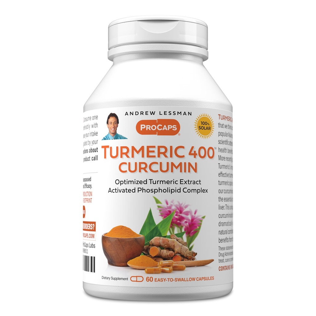 ANDREW LESSMAN Turmeric 400mg - 60 kapslar - 95% Curcuminoids som fosfolipidkomplex för optimala fördelar och absorption, hög styrka standardiserad extrakt, liten lätt att svälja kapslar