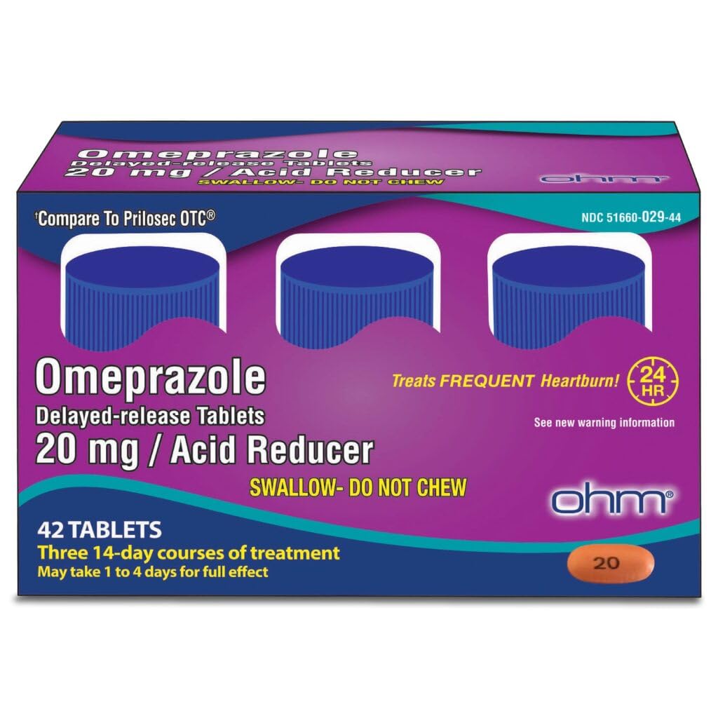 Ohm Omeprazole 20mg, 42 Myöhästynyt tabletti, usein närästyksen hoitoon tarkoitettu happoreduktori, 24 tunnin Heathburn Medicine, auttaa lievittämään vatsan ja Chest Discomfort (6 viikkoa toimitusta, 42, kreivi)