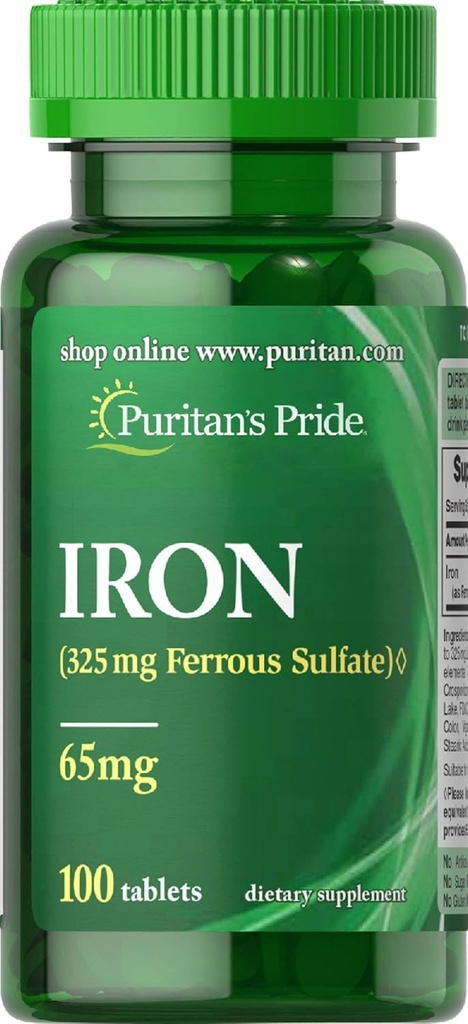 Puritans Pride Iron Ferrous Sulfate 65 Mg tabletter, 100 greve