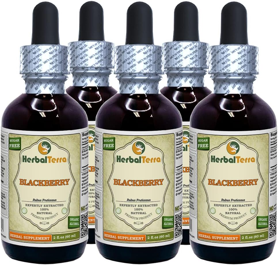 BlackBerry (Rubus fruticosus) Tincture, Luomukuivatut lehdet Liquid Extract (Brand Name: HerbalTerra, Proudly Made in USA) 5x2 fl.oz (5x60 ml)