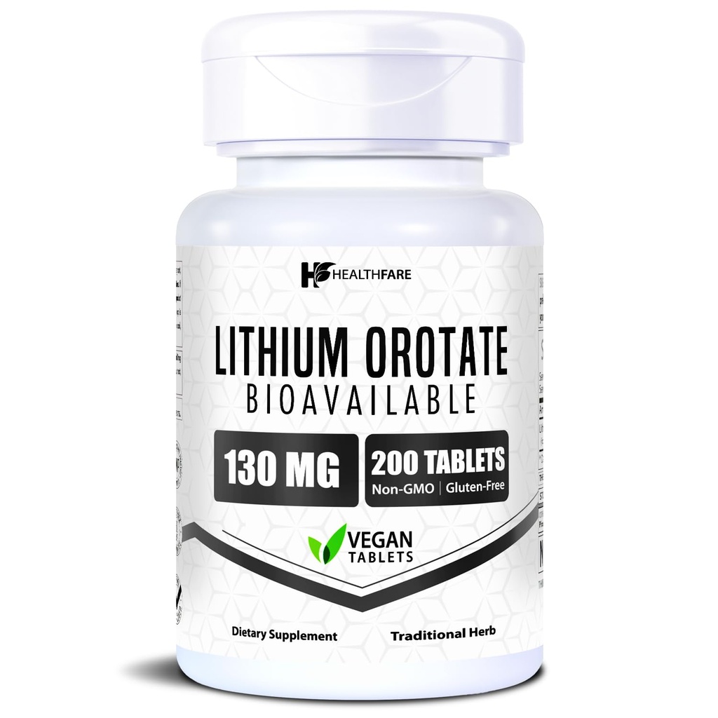 HealthFare Litium Orotate Supplement 130mg ... 200 Kasvissyöjä Tabletit...