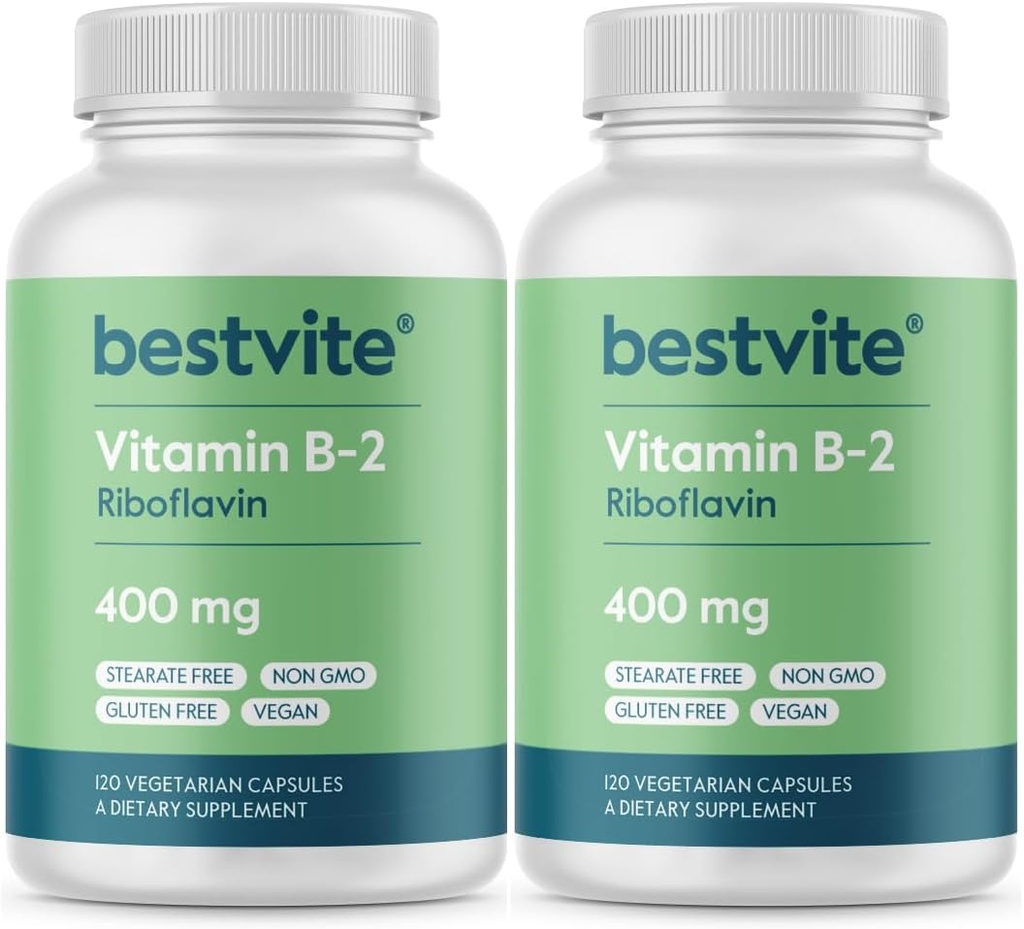 BESTVITE Vitamin B-2 (Riboflavin) 400mg (240 vegetariska kapslar) (120 x 2) - No Stearates - Vegan - Non GMO - Gluten Free