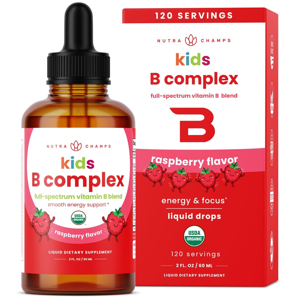 NutraChamps B-vitamiinikompleksi lapsille, B1, B2, B3, B6, B7, B9 ja Metyyli B12, Kids B Complex Liquid Drops Supplement, Energy, Focus, Metabolia, Natural Berry, 120 Tarjoilu, 4 kuukauden tarjonta