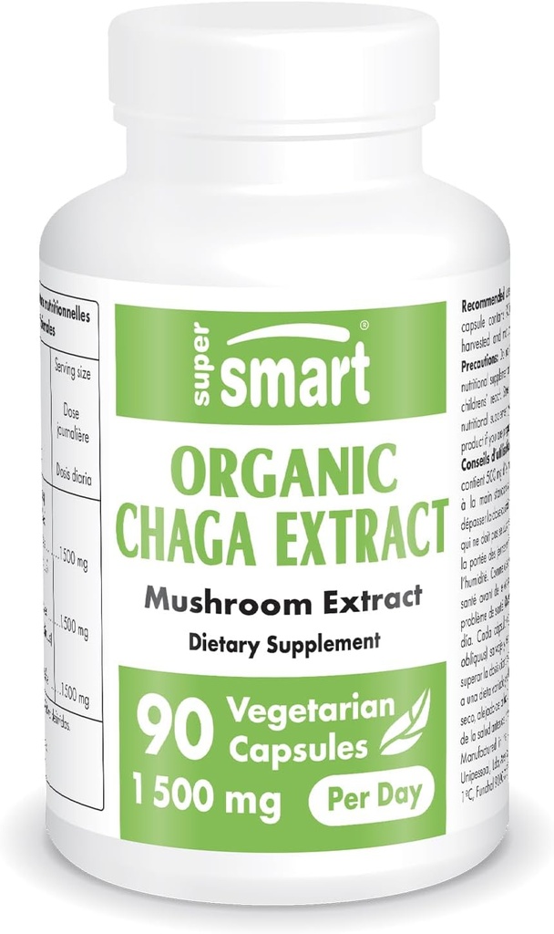SuperSmart Organic Chaga Extract 1500 mg per päivä (High Strength) - Wild & Hand Picked Chaga Sienet Lisäravinteet Ei-GMO & Gluteenittomat - 90 Kasvissyöjä Kapselit