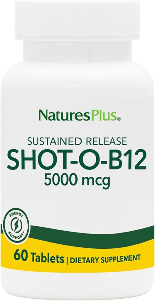 Natures Plus Shot-O-B12 (Metyylicobalamiini), Pitkäkestoinen julkaisu - 5000 mikrog, 60 kasvistablettia - korkea teho, nopeatoiminen B12-lisäosa - Muisti ja energia Booster - Gluteeniton - 60 tarjoilu
