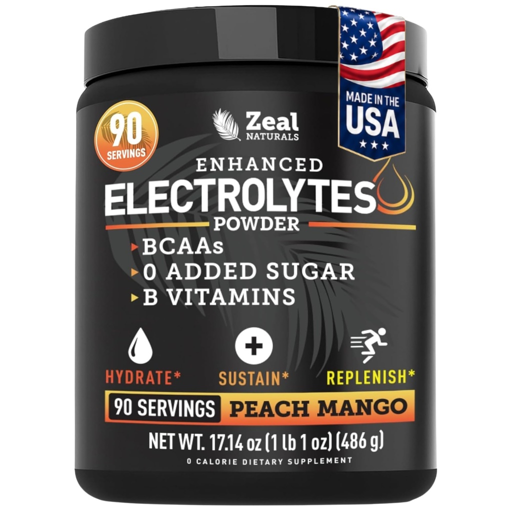 Zeal Naturals Electrolyte Powder Recovery Drink (90 portioner | Peach Mango) w 0 Sugar +BCAAs +B-Vitamins Electrolyte Supplement w Potassium Zink & Magnesium för Hydration - Keto Electrolytes