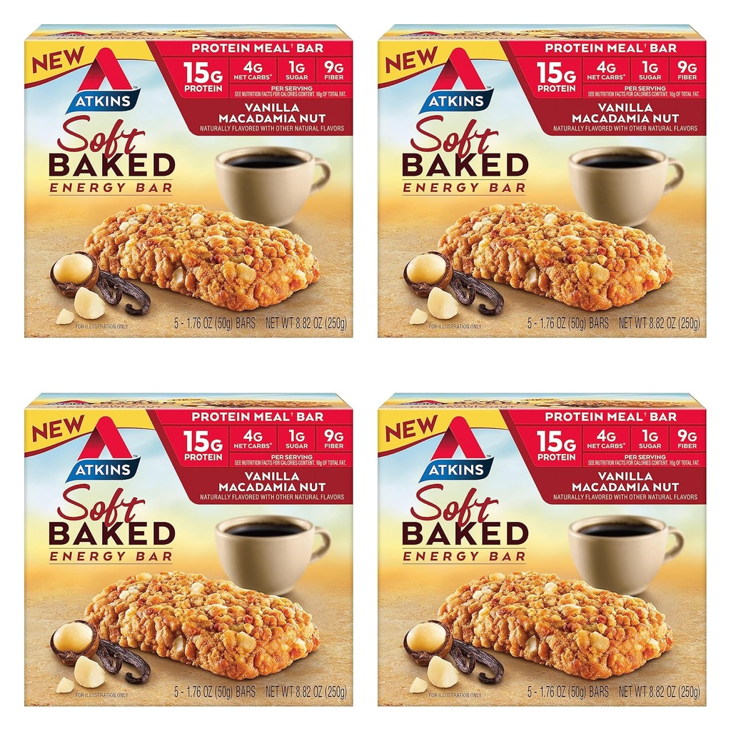 Atkins Vanilla Macadamia Nut Makua pehmeä paistettu energiapaistettuja baareja, runsaasti proteiinia, alhainen sokeri, korkea kuitua välipala, proteiinia välipala, 4 pakkausta (4 Bars Each)