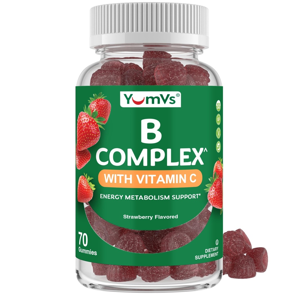 B Komplex Gummies med vitamin C - Stor smak 1 per dag energi och nervsystem stöd för vuxna - Vegan, Kosher, icke-GMO Vitamin B Komplex Gummies med B12, B6, Niacin & Folsyra - 70 greve