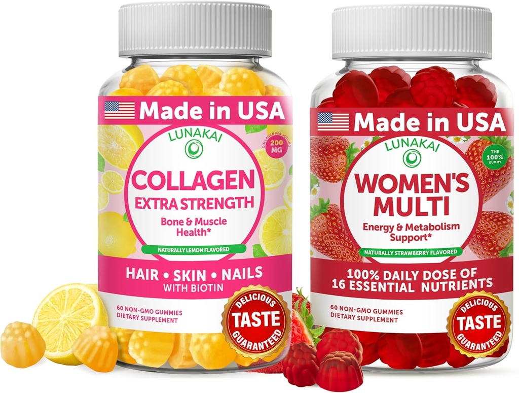 Lunakai Collagen ja naisten Multivitamiini Gummies Bundle - ei-GMO-anti-aging lisäravinteet Biotiini, sinkki, C-vitamiini ja E - 100% päivittäinen arvo 16 välttämättömiä vitamiineja ja kivennäisaineita - 30 päivää tarjonta