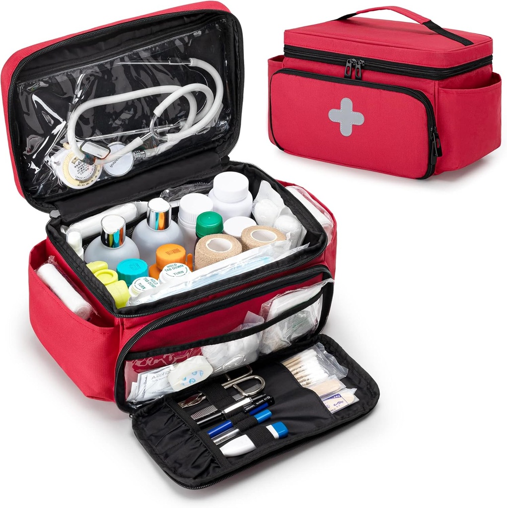CURMIO Small Medicine Storage Bag Tyhjä, Perheen ensiapulaatikko, Pill Bottle Organizer hätälääkintätarvikkeita, punainen (Pieni, Patentti odottamassa)