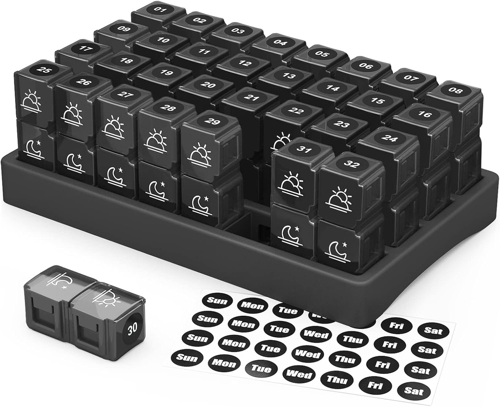 ZIKEE 30 Day Pill Organizer Månadsvis, Portable One Month Pill Box Cases med 32 Twice a Day AM PM Compartments för vitaminer, fiskolja, kosttillskott och mediciner (Black