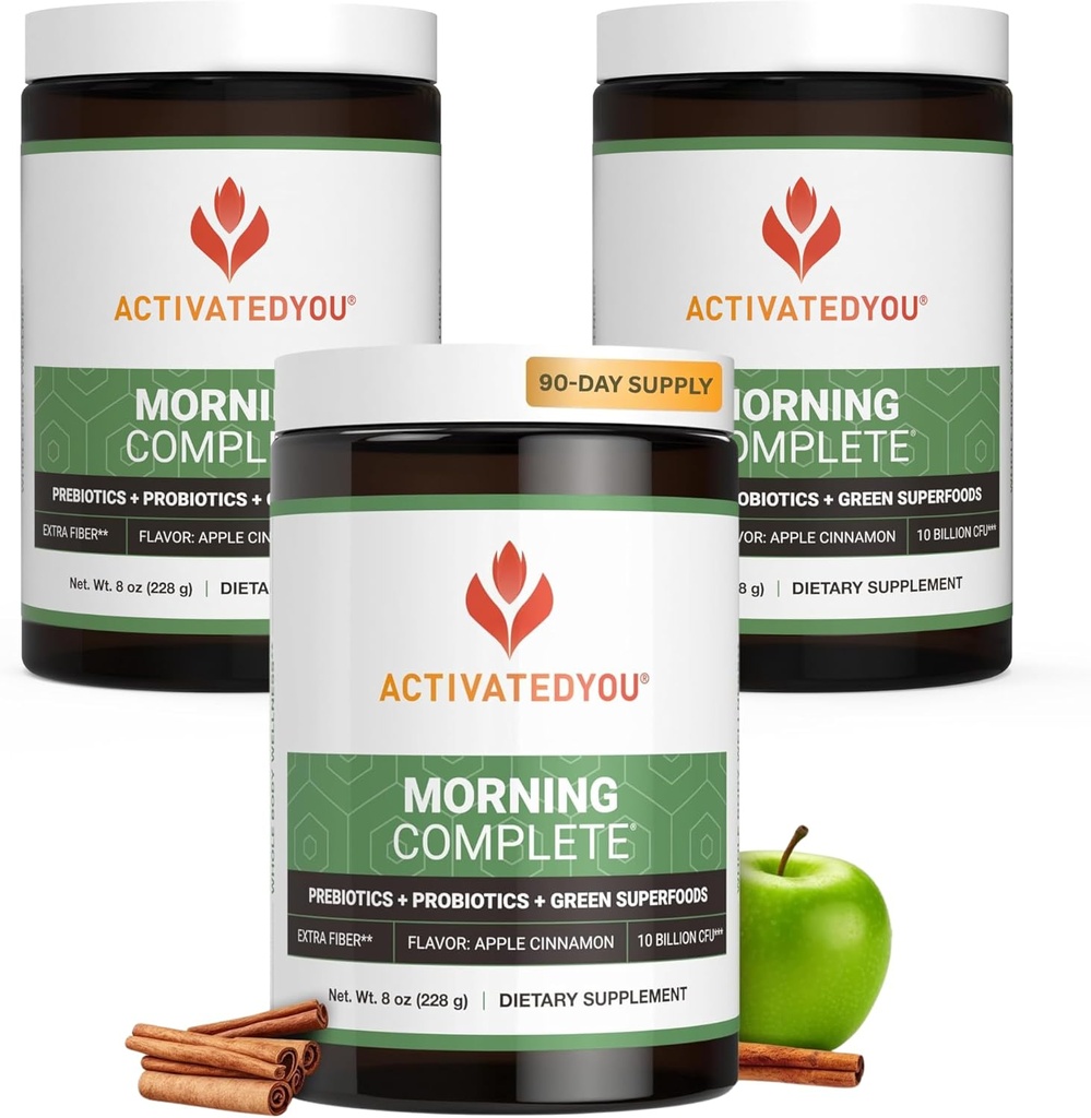 ACTIVATEDYOU Morning Complete Daily Wellness Greens Superfood Drink Mix för Gut Health w / Prebiotika, Probiotika, Antioxidanter, Gröna Superfoods, 10 miljarder CFU (3 Pack, Apple Cinnamon)