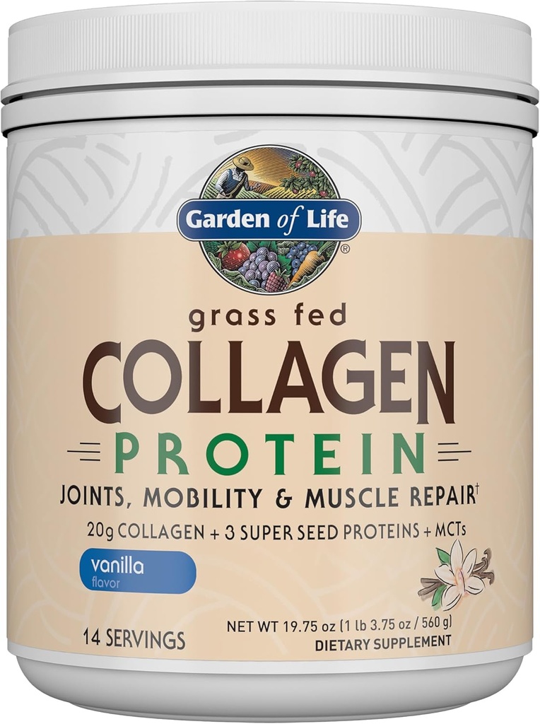 Garden of Life Grass Fed Collagen Protein Powder - Vanilla, 14 portioner, pulver för gemensamma Mobility Muscle Repair, Collagen Peptides + Super Seeds + Coconut MCTs, Keto Supplement