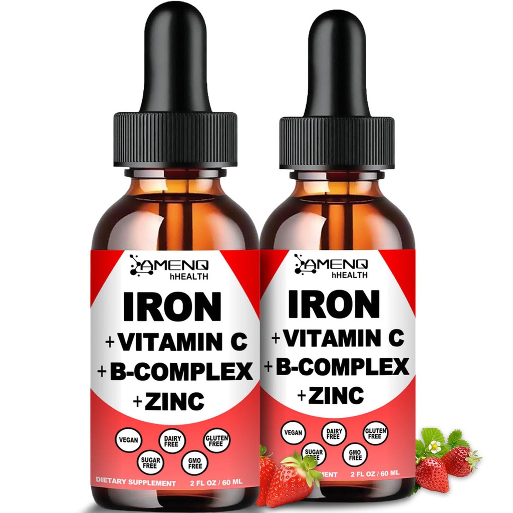 2 pack Liquid Iron Supplement w/ Vitamiine, A, B- Complex, Vegan Iron Drops High Potency Liquid Vitamiine & Iron Supplements for Women, Miehet & Children -Tuki punainen verisolu, energia, anemia & väsymys