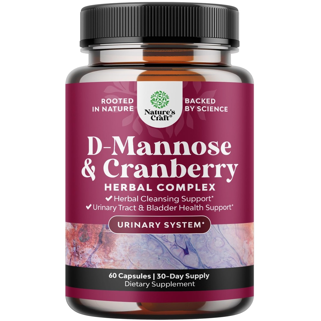 D Mannose med Cranberry Supplement - Potent D Mannose 1000mg kapslar för njurförsvarsstöd och rengöring och urinvägshälsa för kvinnor och män - Bladder Health Supplement for Adults - 60 Count