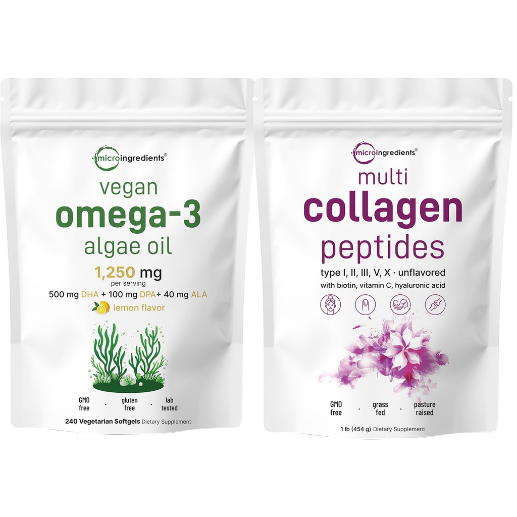 Micro Ingredients Multi Collagen Protein Powder 16oz & Vegan Omega 3 Algae Oil Supplement Bundle 2 Pack 