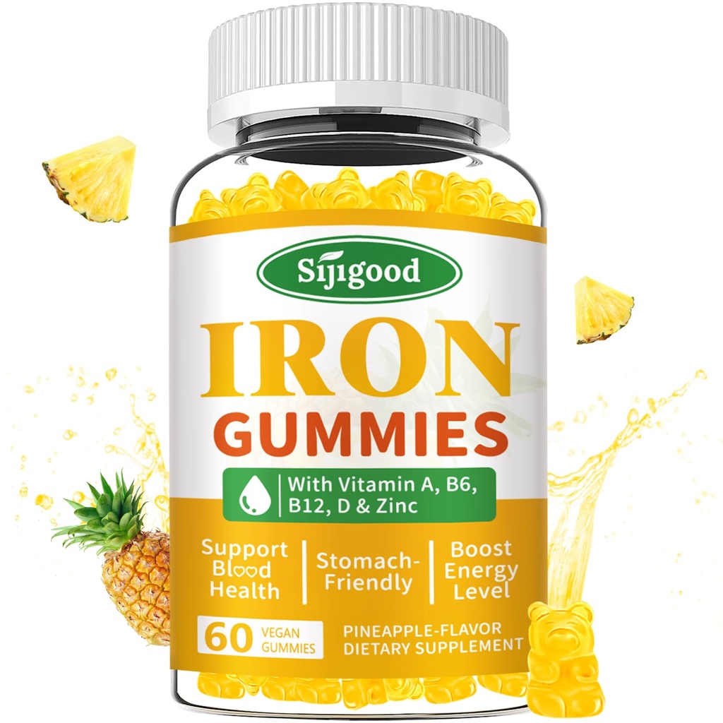 Rauta Gummies for Women & Men - Vegan Iron Supplement for Anemia & Iron Deficibility, kanssa B12-vitamiini, C-vitamiini, Sinkki, Folaatti - Energia Boost, Sokerivapaa, Ananas maku 60