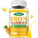 Rauta Gummies for Women & Men - Vegan Iron Supplement for Anemia & Iron Deficibility, kanssa B12-vitamiini, C-vitamiini, Sinkki, Folaatti - Energia Boost, Sokerivapaa, Ananas maku 60
