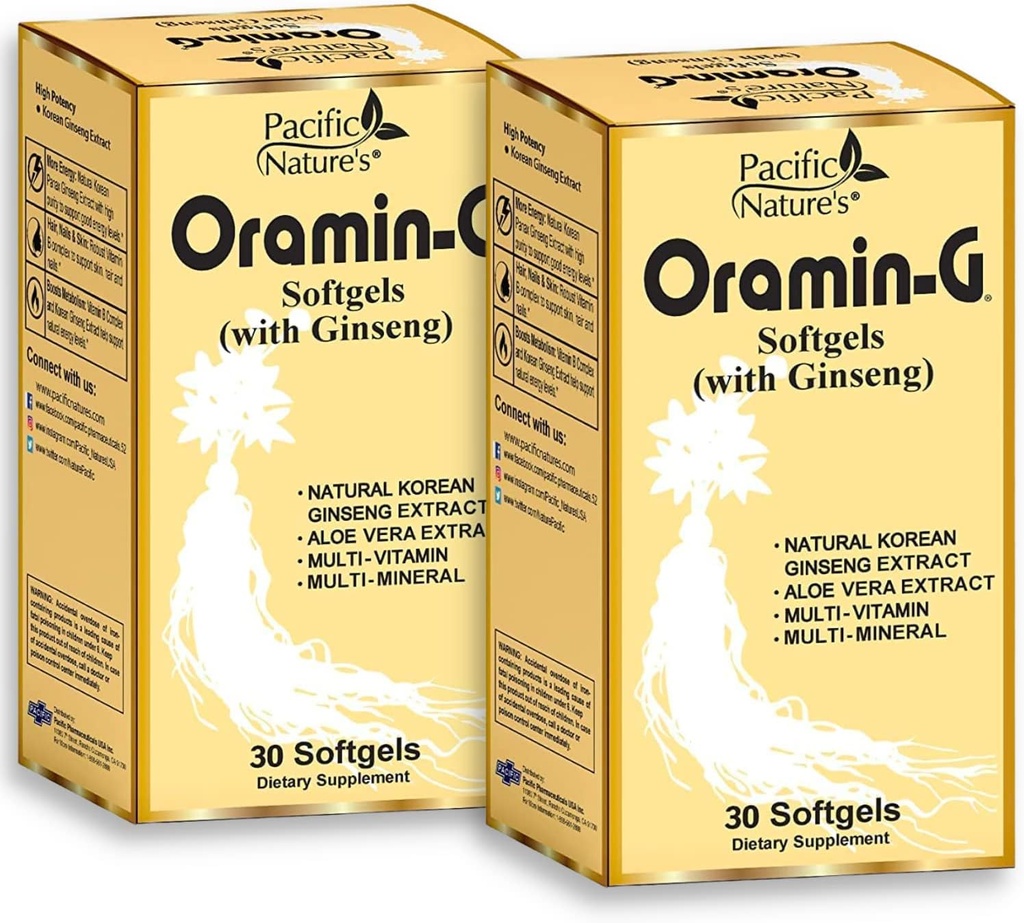 Pacific Nature's Oramin G (30 Softgels) Korea Ginseng-, Aloe Vera-, B-vitamiinikompleksi- ja Sinkki energia-, immuniteetti- ja ravitsemustukipakkaus - 2 pakkaus