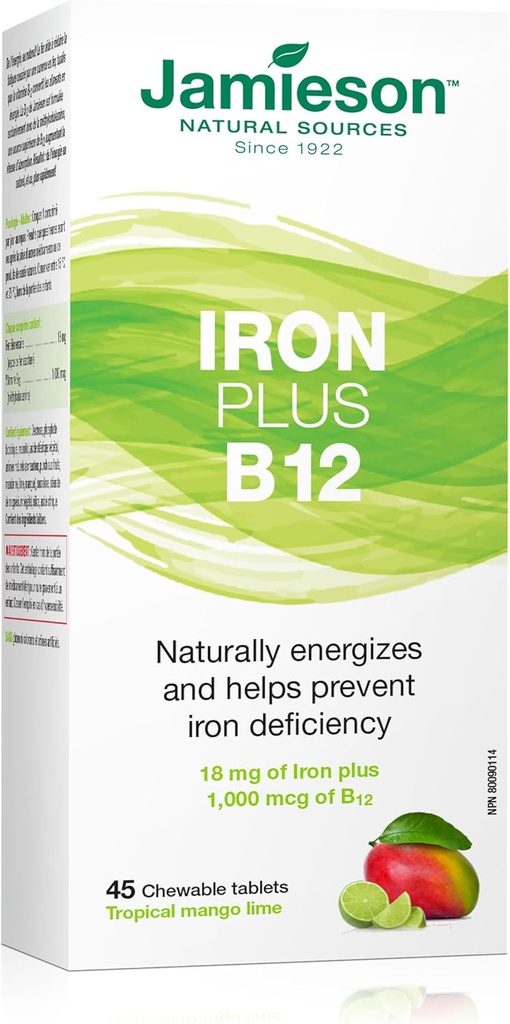 Jamieson Iron + B12-vitamiini, 45 purutablettia