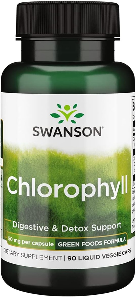 Swanson Chlorophyll - Green Foods Formula Supporting The Body's Natural Cleansing & Deodorizing Process - Främjar Gut Health Support - (90 flytande Veggie Capsules, 50mg Varje)