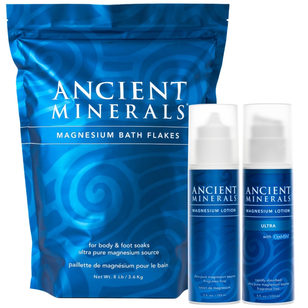 Muinaiset mineraalit Magnesium Bath Flakes - Magnesium Lotion ja Lotion Ultra MSM - Pure Aito Zechstein Kloridi
