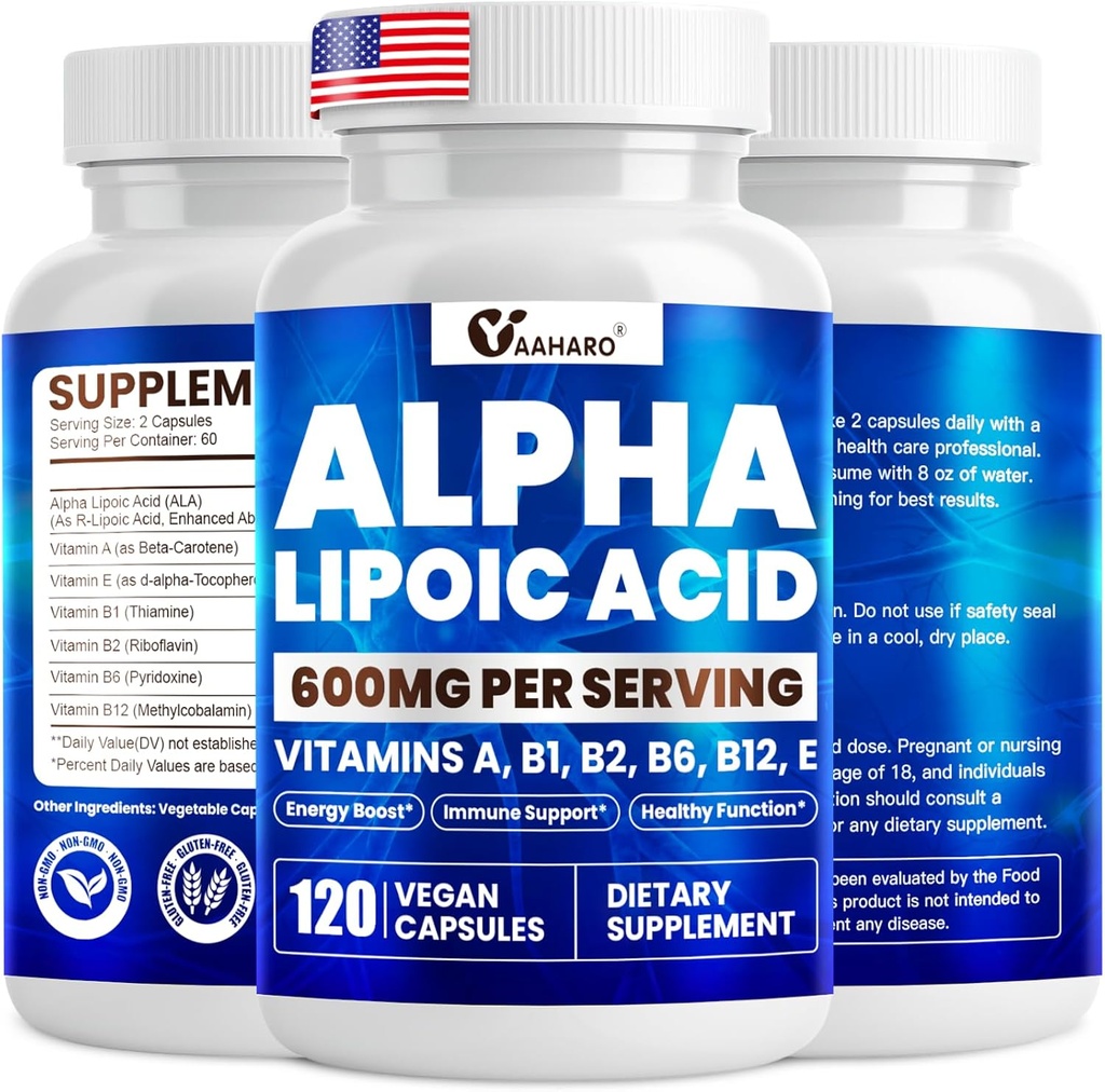 Alpha Lipoic Acid 600 mg, ALA-lisä energiatehostamiseen, immuunitukeen, terveeseen toimintaan ja tehostettuun imeytymiseen, R-Alfa Lipoic Acid with Essential Vitamiins, 120 kapselia