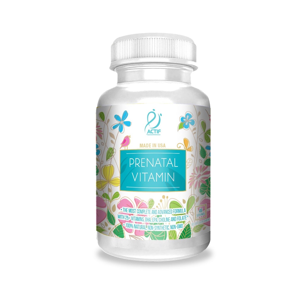 ACTIF Organic Prenatal Vitamin med 20+ Vitaminer, Omega-3, DHA, Organic Herbs, Non-GMO, Made in USA, 90 Count