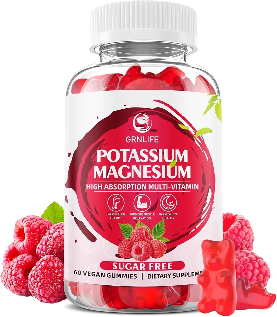 Kalium Magnesium Supplement Gummies, kalium Gummies för vuxna barn, hög Absorption Magnesium Glycinate för Leg Cramps & Immune Health, Sugar-Free, Raspberry Flavors, 60 Count