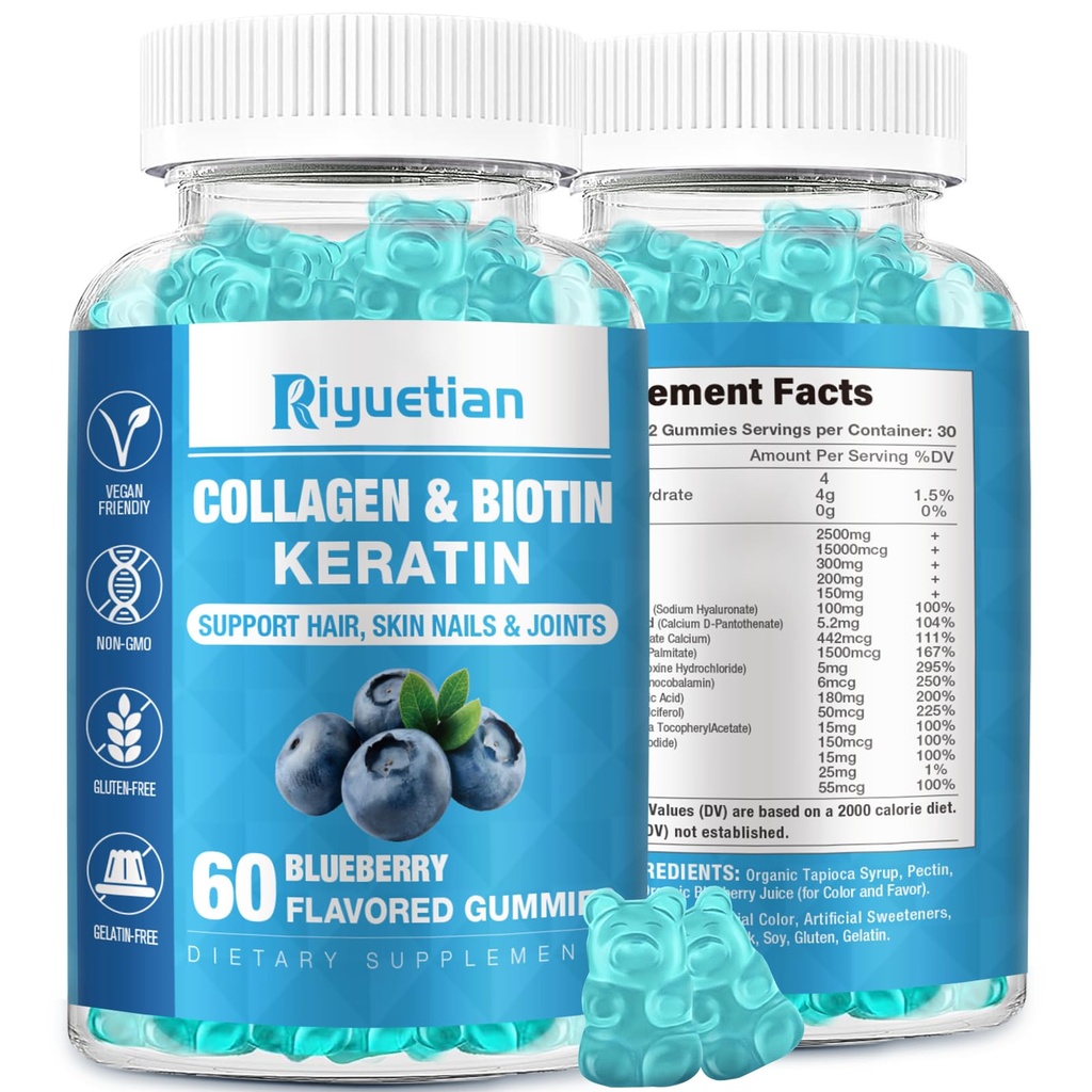 Biotin Gummies 15000 mcg kollageeni aikuisille Naiset ja miehet - hiukset, iho ja kynnet Gummies Biotin - Collagen for Woman - Vegan, ei-GMO, Hiusvitamiinit - 60 Count, 1 Pack