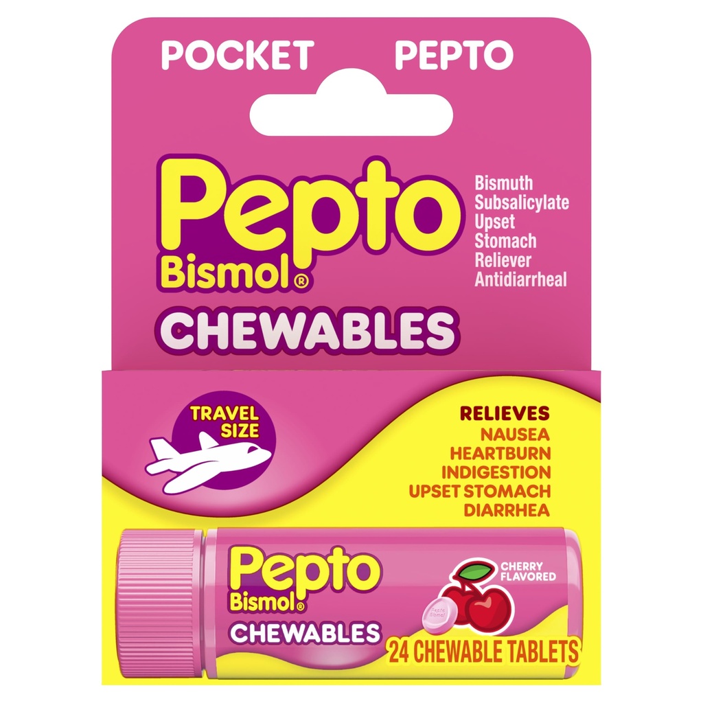Pepto Bismol Pocket Chewable Tabletit pahoinvointia, närästystä, ruoansulatushäiriöitä, vatsavaivat, ja ripuli - 5 Oireet nopea helpotus, Cherry Flavor 24 t