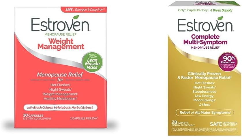Estroven Weight Management for Menopause Relief, Tarjota yöhikiä & Hot Flash Relief,30 CT + täydellinen Multi-Symptom Menopause Supplement for Women, 28 CT, Drug-free & non-GMO