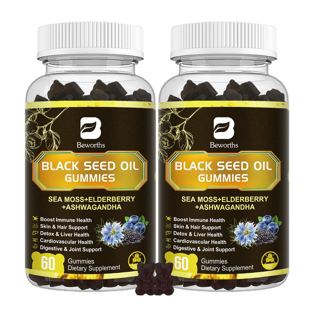 Black Seed Oil & Sea Moss Gummies, 2Pack Irish Sea Moss Gummies musta siemenöljy, Ashwagandha Extract, vanderberry, Turmeeric, C-vitamiini, D3-vitamiini - immuuni tuki, nivelet, digestio, hiukset ja iho