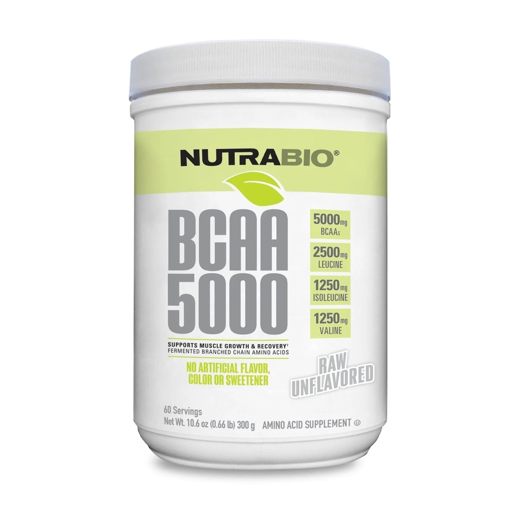 NutraBio BCAA 5000 Jauhe - Fermentoitu haarautunut ketju Aminohapot lihasten kasvua ja Recovery - luonnon makuja, makeuttajat, ja väritys, vegaaninen, Gluteeniton - makuton, 60 tarjoilua